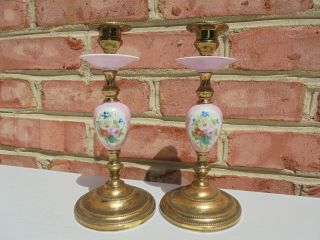 Pair Old Antique Victorian Era Brass & Porcelain Hp Floral Candlesticks