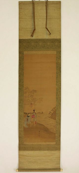 掛軸1967 Japanese Hanging Scroll " Two Ukiyo - E Beauty Looking Paddy Field " @n396