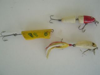 3 1940s - 50s Vintage Wood Fishing Lures Miracle Minnow C C Bait Co Pikie Hinged