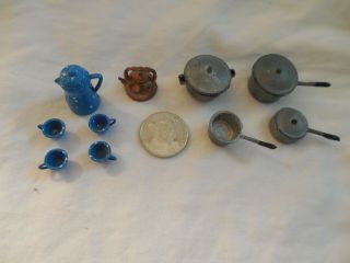 Dollhouse Miniature Pots & Pans & Enamel Coffee Pot 4/cups Tea Kettle 4 Pots.  Lid