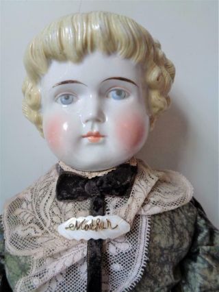 Antique 1880s German China Head Doll 27 " Highland Mary Blonde Hair Straight Bang