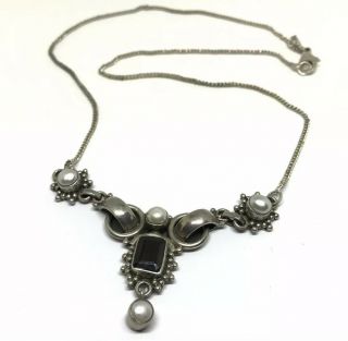 Vintage Antique Art Deco Sterling Silver Garnet Pearls Lavalier 16.  5” Necklace