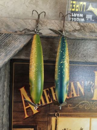 2 - Vintage Torpedo Wood Top Water Swimming Glitter Bait Unknown Lure No Name