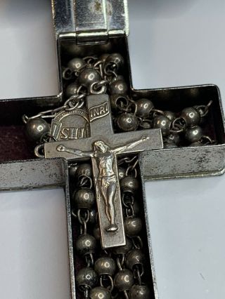 † Unique Antique " Lamode " Tiny Sterling Rosary & Sterling Cross Lined Case Box †