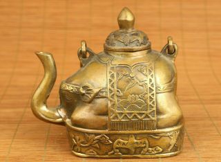 Rare Chinese Old Bronze Hand Casting Elephant Turtle Statue Tea Pot Table Deco