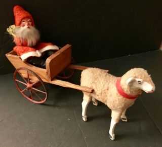 Antique Vintage Composition Santa Riding In Wooden Wagon W Wooly Sheep German