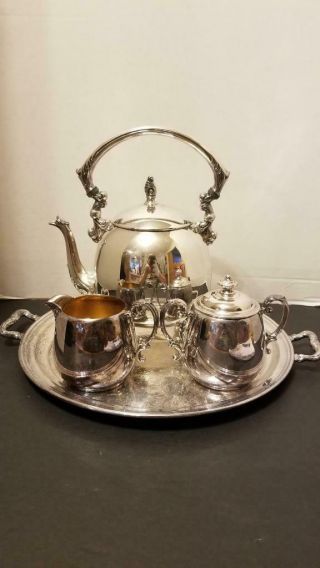 Vintage Wm Rogers Silverplate Tea Set - Tea Pot,  Creamer & Sugar Bowl & Tray