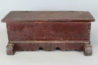RARE PILGRIM 17TH C HUDSON VALLEY TRESTLE SHOE FOOT STORAGE CHEST OLD RED PAINT 5