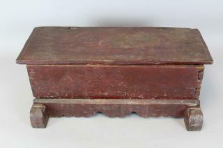 RARE PILGRIM 17TH C HUDSON VALLEY TRESTLE SHOE FOOT STORAGE CHEST OLD RED PAINT 6