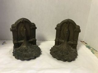 Vintage Art Deco Ronson Stamped 501 Antique Cast Iron Peacock Bookends 1930 