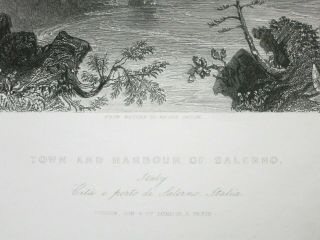 VEDUTA CITTA ' E PORTO DI SALERNO CAMPANIA 1840ca BARTLETT FISHER & SON ORIGINALE 2