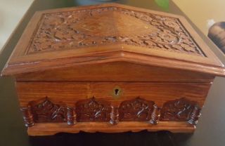 Vintage Wood Carved Ornate Chest Trunk Trinket Box Jewelry Circa 1970