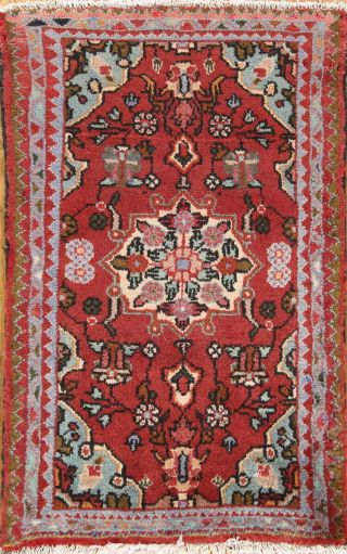 2x3 Hamadan Persian 2x3 Wool Hand - Knotted Floral Red Oriental Foyer Rug Carpet
