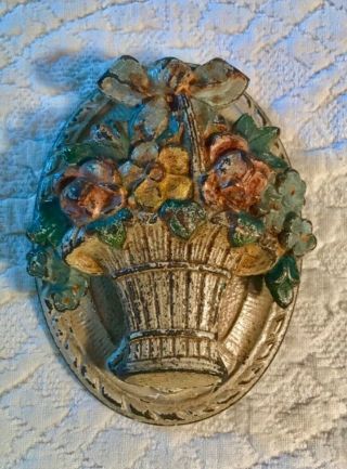 Antique 616 Hubley Painted Cast Iron Basket Of Garden Flowers Door Knocker