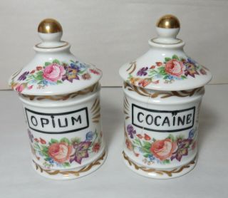 2 Vintage Porcelain Apothecary Jars Cocaine,  Opium