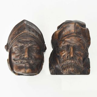 Antique French Finely Carved Wood Heads Wall Ornaments Renaissance Revival