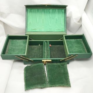 Antique Old Green Leather Concertina Folding Jewellery Box