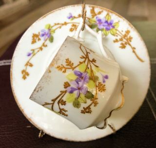 Antique Ak Cd Limoges France Demitasse Cup And Saucer Purple & Gold Footed