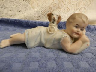 Vintage Bisque Porcelain Baby Infant And Dog With Pacifier