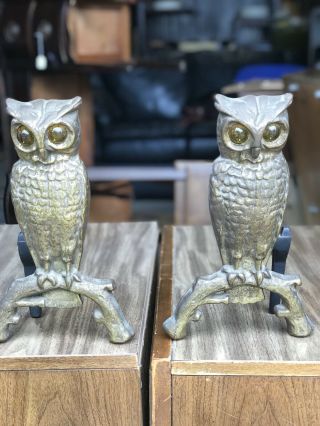 Vintage Iron Owl Andirons Amber Glass Eyes Fireplace Decor Cast Iron Antique