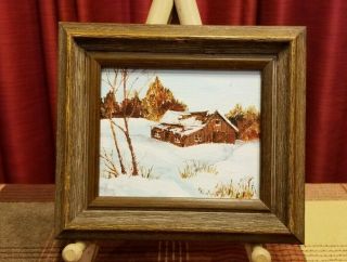 Vintage Miniature Oil On Canvas Painting Framed Winter Mountain Barn Scene 7x6
