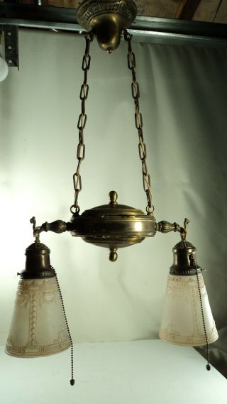 Special Antique 2 Light Brass Light Fixture With Shades And Acorn Pulls