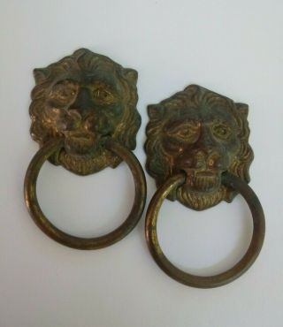 Vintage Antique Brass Lion Head Ring Knobs Salvage Architectural