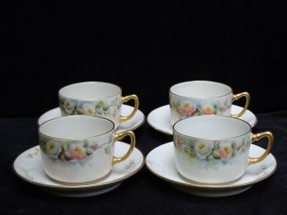 4 Antique Willets American Belleek Cups And Saucers W/roses