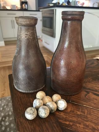 Antique Brunswick Leather Tally Bottles & Balls Kelly Pea Pool Billiards