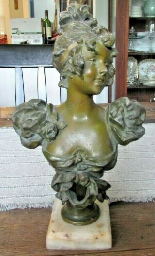 Antique Art Nouveau French Parlor Salon Bronze Maiden Bust On Marble Base