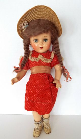 Antique Composition Doll 16 " Sleepy Eyes Braids Jointed Straw Hat As Found