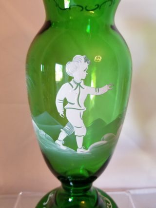 Vintage Victorian Mary Gregory Painted Green Glass Vase - Ruffled - Boy Child wi 2