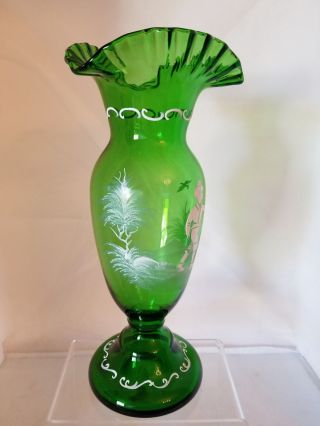 Vintage Victorian Mary Gregory Painted Green Glass Vase - Ruffled - Boy Child wi 3