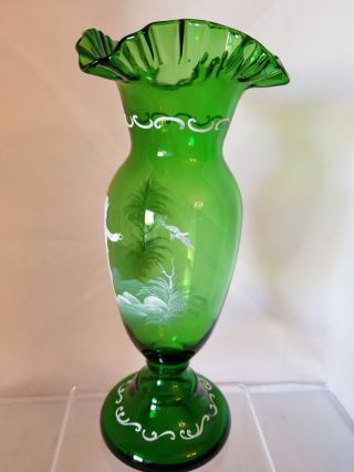 Vintage Victorian Mary Gregory Painted Green Glass Vase - Ruffled - Boy Child wi 4