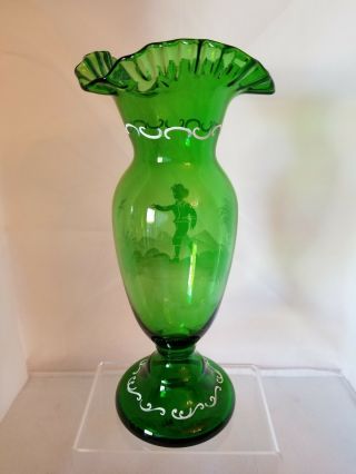 Vintage Victorian Mary Gregory Painted Green Glass Vase - Ruffled - Boy Child wi 5