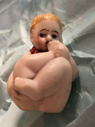 Antique German Bisque Piano Baby Bare Naked Sucking Toes Red Ribbon Neck