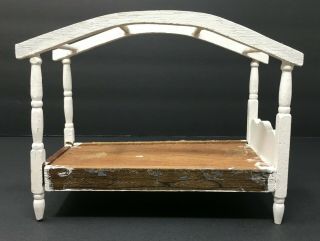 Vintage Dollhouse Miniature Wood German White Hand Painted Canopy Bed Furniture 3