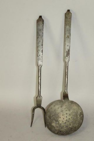 Rare Pair 18th C Pa Decorated Wrought Iron Utensils Roasting Fork And Skimmer