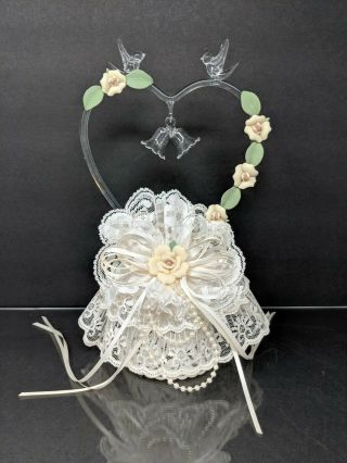 Vintage Blown Glass Wedding Cake Topper Rose Heart Dove Ivory Lace Beaded