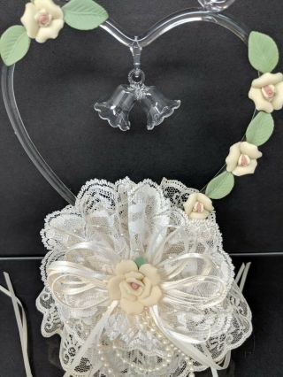 Vintage Blown Glass Wedding Cake Topper Rose Heart Dove Ivory Lace Beaded 3