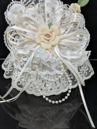 Vintage Blown Glass Wedding Cake Topper Rose Heart Dove Ivory Lace Beaded 4