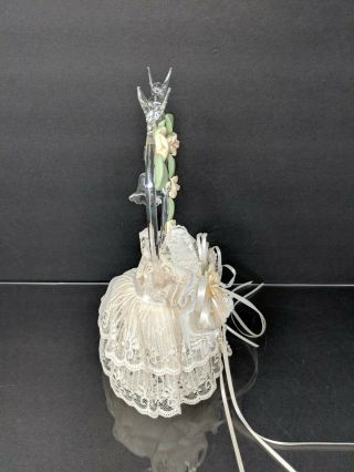 Vintage Blown Glass Wedding Cake Topper Rose Heart Dove Ivory Lace Beaded 5