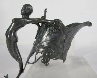 Antique German Nouveau Wmf Mermaid Handle Kralik Bohemian Glass Claret Jug Yqz