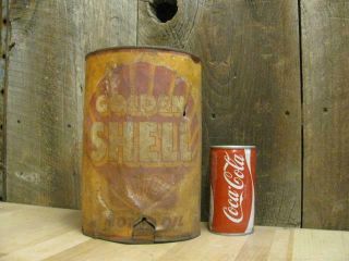 Antique Vintage Golden Shell Motor Oil 5 Quart Tin Can Been Through The War