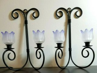 Vintage Wall Sconce Set: 2 Black Iron Spiral With Tulip Votive Candle Holders