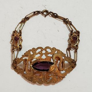 Antique Victorian Gold Gilt Openwork Filigree Serpent Amethyst Glass Bracelet