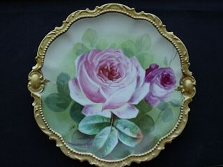 Antique Limoges France Hand Painted Plate Large Roses Raised Gold Artist Signed