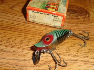 VINTAGE FISHING LURE HEDDON MIDGET RIVER RUNT 9010XRG GREEN SHORE W/BOX C.  1939 2