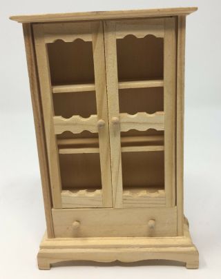 Vintage Miniature Dollhouse Natural Wood Hutch Cabinet Cupboard Breakfront