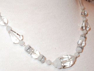 Antique Vtg Art Deco Graduated Faceted Cut Clear & White Crystal Glass Necklace